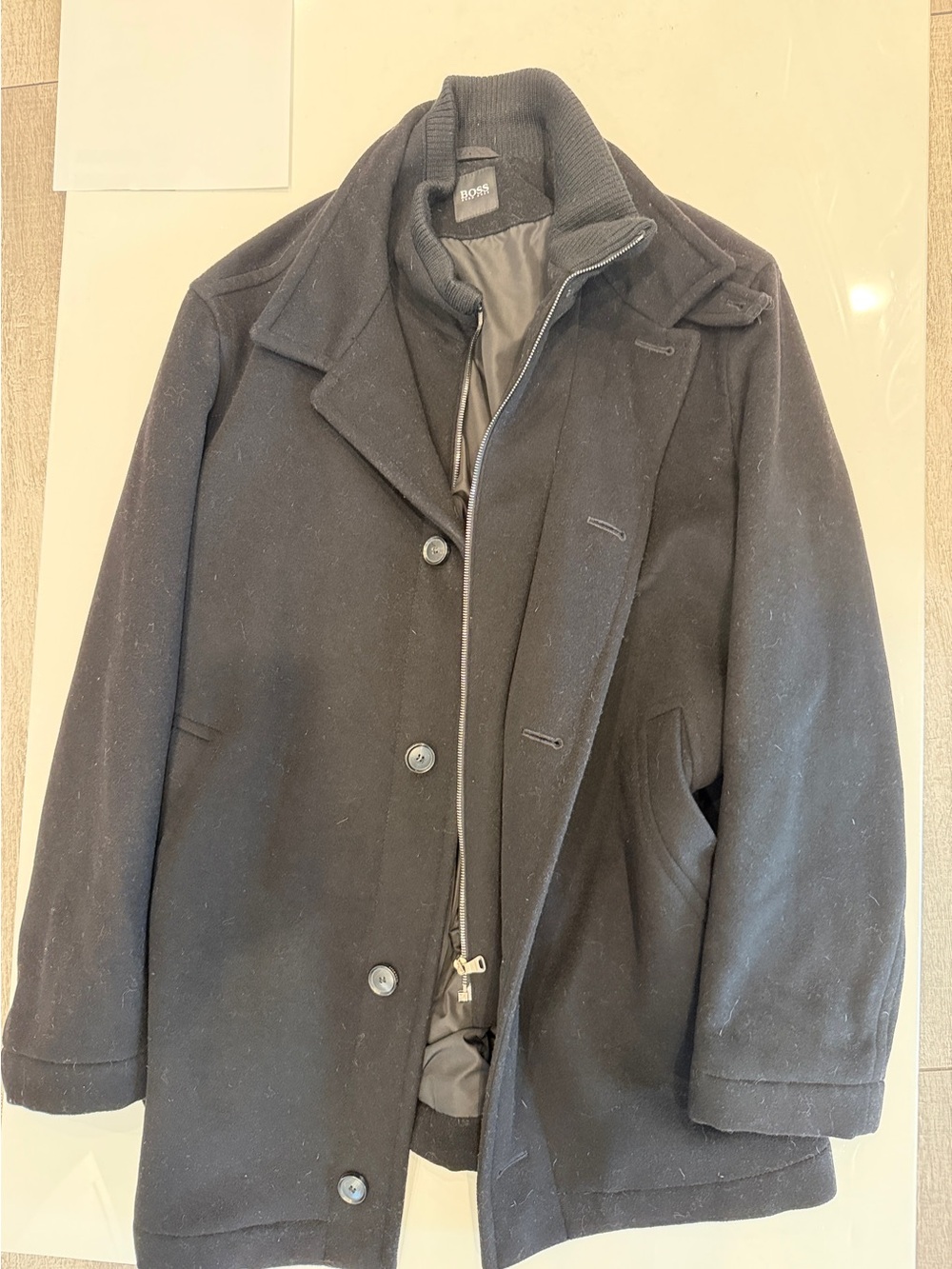 BOSS Black Wool Pea Coat with Zip Layer